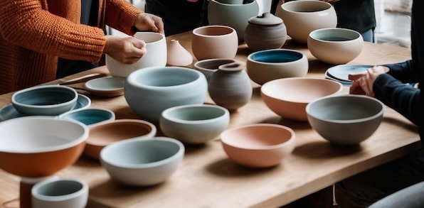 a workshop situation with a few participants around a table with ceramics, ceramic colours on it